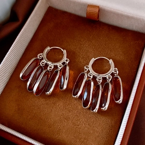 Detailed close-up of vintage silver earrings with dark amber glass tassels in jewelry box