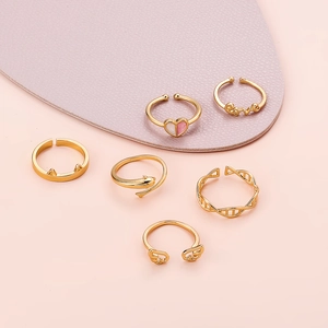 Detail of 6-piece golden ring set featuring love heart and dolphin designs on pink leather