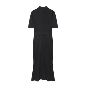 Detail view of the stand collar and hidden back zipper on this black slim fit dress