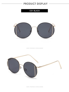 Front and side views of retro round black and gold metal sunglasses frame