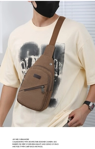 Close-up of brown canvas chest bag with SHENGAO logo worn by a model in bright light