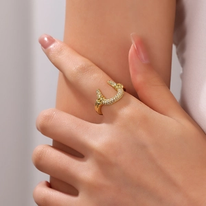 Elegant 18k gold plated horseshoe U-shape ring with pavé cubic zirconia for women