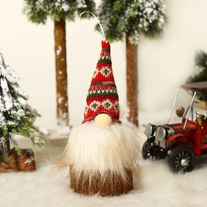 Hanging Christmas gnome with red and green knit hat and natural wooden base decoration