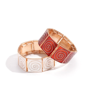 Ethnic geometric square stretch bracelets with Greek spiral patterns in red and white enamel