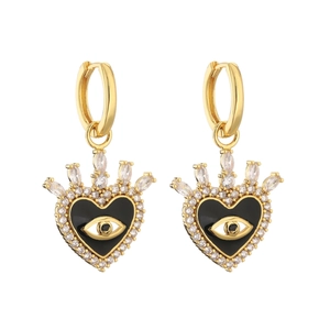 Detail of heart crown earrings with black enamel evil eye and micro-set cubic zirconia