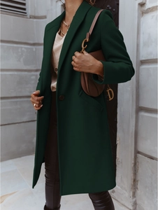 Close-up of deep green wool coat featuring lapel collar and single-breasted buttons