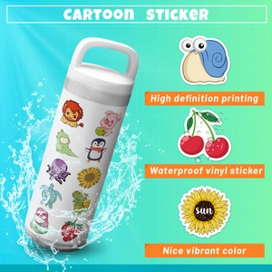 Detail of waterproof cartoon VSCO stickers applied on a water bottle with splashes