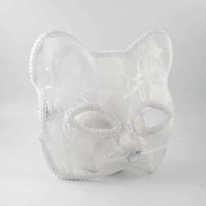 Detailed view of white lace cat mask featuring rhinestone nose and clear whiskers
