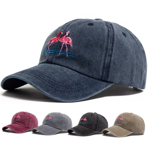 Vintage Washed Cotton Baseball Cap Flamingo Embroidery Retro Distressed Sunshade Hat For Women Men Adjustable Casual Sporty