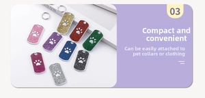 Detailed set of 9 colorful glitter paw print rectangle pet ID tags with rings