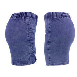 Slim fit denim mini skirt with side ruching and elastic waist in washed blue finish