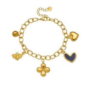 Gold stainless steel bracelet featuring bee, flower, and heart charms on a sleek O-chain link