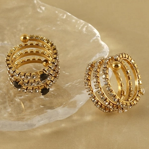 Gold multi-layer spiral open ring with sparkling white and black heart zircon accents