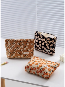 Corduroy Floral Print Cosmetic Bag Large Capacity Makeup Pouch Travel Toiletries Organizer For Women Zip Closure