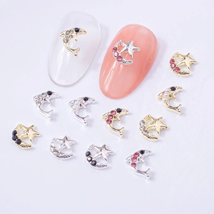 Star and moon nail art charms with sparkling rhinestones for DIY manicure decoration