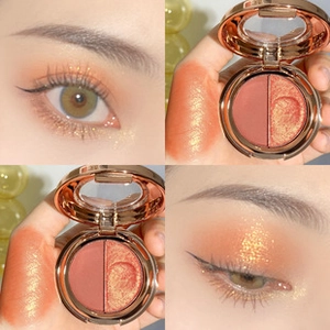 Dual-color rose gold eyeshadow palette with matte orange and pearlescent gold shades