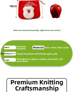 Detailed view of an 18cm Christmas Santa knit gift bag with plush 3D doll and apple