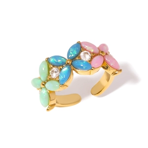 Colorful floral stainless steel open ring with green, blue, and pink marquise resin stones
