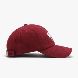 Classic burgundy cotton baseball cap with white 3D letter embroidery and adjustable strap