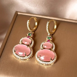 Gourd Pendant Earrings With 14K Gold Plating Cat Eye Stone And Zircon Inlaid Oriental Style Elegant Jewelry For Women