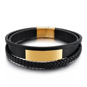 Men's double-layer black leather bracelet with engraved gold rectangular metal plate