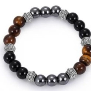 Adjustable tiger eye stone bracelet with matte black beads and silver metal spacers