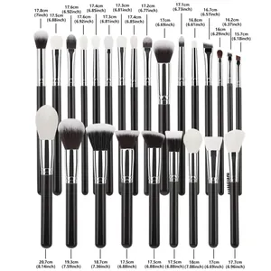 Size chart for 26-piece professional makeup brush set with lengths in cm and inches