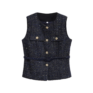 Dunkelblaue Tweed-Weste für Damen mit goldenen Knöpfen und Taillengürtel im eleganten Stil