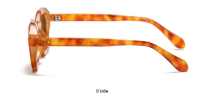 Detail view of tortoiseshell acetate sunglasses temples showing ES133 model laser engraving