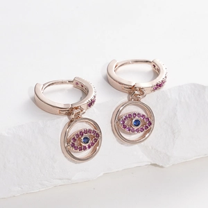 Rose gold evil eye hoop earrings with micro-inlaid blue and purple zircon stones