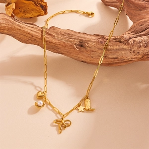 Golden titanium steel shell necklace with heart and pearl charms on paperclip chain