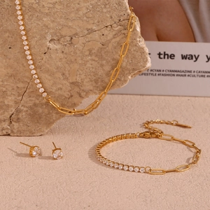 Gold Plated Stainless Steel Paperclip Zircon Tennis Spliced Chain Necklace Bracelet And Earrings For Women Trendy Jewelry