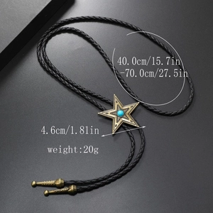 Punk style star bolo tie with turquoise on black leather cord, dimensions shown
