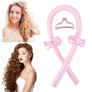 Pink heatless hair curler set with silk ribbon, scrunchies and hair clip for waves