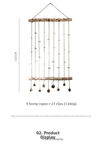 Detail view of 115cm birch wood wall photo display with 9 hemp ropes and 27 clips