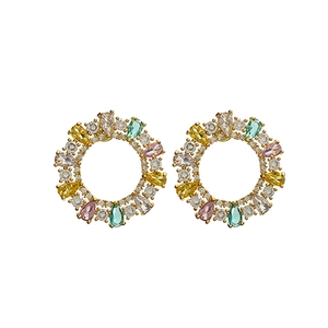 French vintage gold hoop earrings with multicolored teardrop crystals and zircons