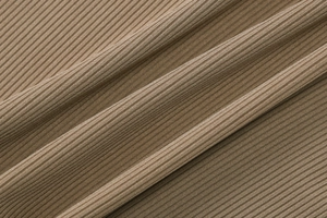 Close-up of khaki ribbed knit fabric showing detailed vertical texture and soft material