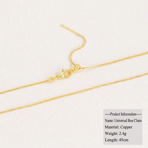Detailed view of 18k gold plated copper box chain with adjustable slider and lobster clasp