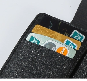 Close-up of black PU leather card holder showing detailed stitching and multiple card slots