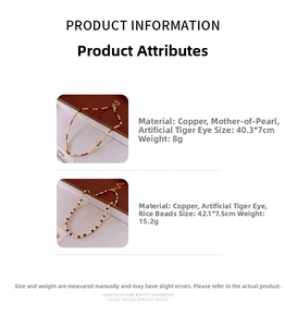 Detailed specs of floral tiger eye necklaces showing copper and bead material dimensions