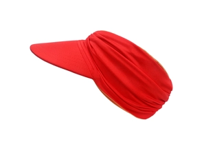 Detail of red elastic knitted sun visor hat showing fabric texture and side profile
