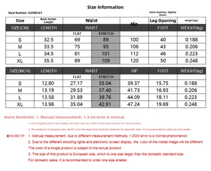 Detailed size chart for women cargo sports shorts in CM and INCH for fitness and yoga