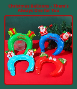 Close-up of inflatable Christmas headbands with Santa, Snowman, and Tree aluminum designs