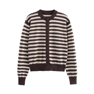 Women Striped Knit Cardigan Long Sleeve Round Neck Button Down Casual Polyester Sweater Ribbed Trim Sweet Style