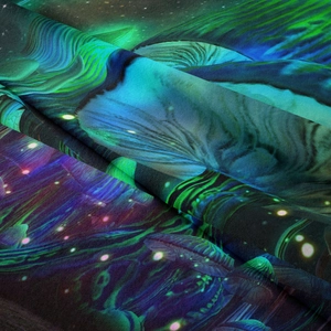 Close-up of soft polyester fabric texture with fluorescent mushroom pattern print