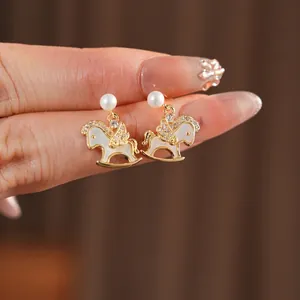 14k gold plated rocking horse earrings with shell inlay and pearl studs for women