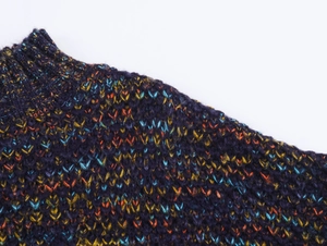 Detailed close-up of thick multi-color chunky knit sweater with ribbed collar texture