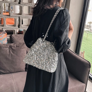Silver sequin bucket bag with metal chain strap worn by a model in a natural setting
