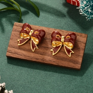 Elegant French wine red bow pearl earrings with gold edges for Christmas holiday style