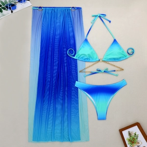 Detailed flat lay of gradient mesh skirt and bikini set with gold chain accents